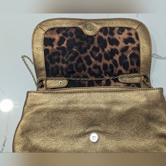 B Makowsky Gold buttery soft Leather Clutch Bag chain handle leopard lining New - Picture 6 of 13
